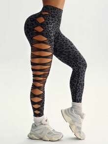 Slayform Slayform 1pc Seamless Leopard Print Elastic Mesh Hollow Fitness Yoga Sports Leggings - Dark Grey - View 7