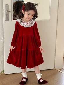SHEIN Little Byeori Vestido casual para meninas com patchwork, gola com babados e manga bufante - Vermelho e branco - Ver 6
