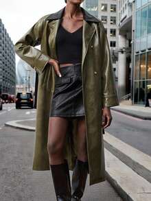 Maija 女士秋季撞色翻领长袖双排扣PU皮长款风衣，外出 - 軍綠色 - 查看 1