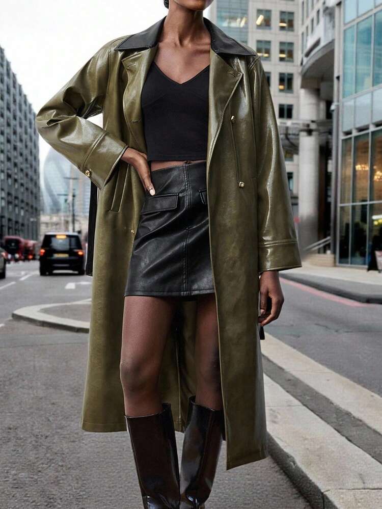 SHEIN Maija Women's Autumn Contrast Color Lapel Neck Long Sleeve Double-Breasted PU Leather Long Trench Coat, Going Out