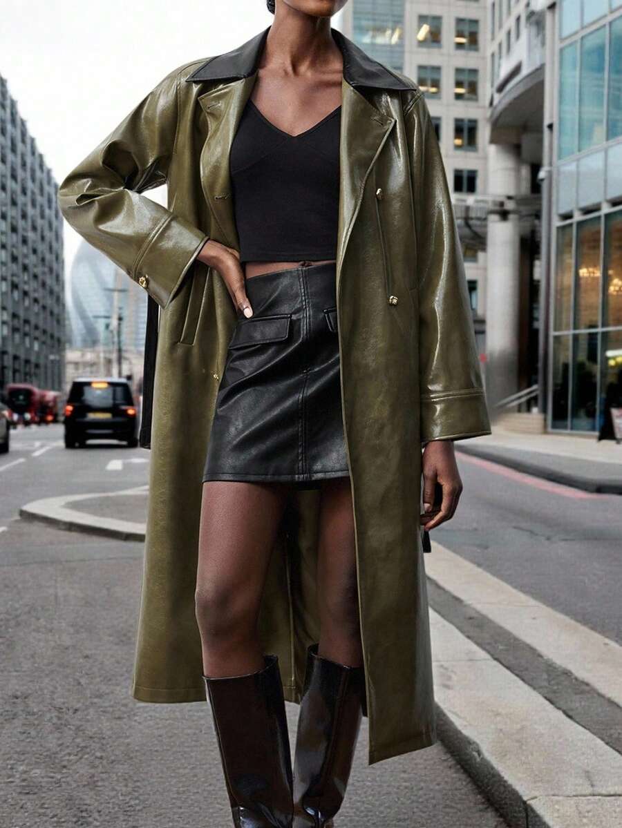 Maija 女士秋季撞色翻领长袖双排扣PU皮长款风衣，外出 - 軍綠色 - 查看 1