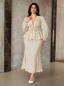 Roveilla 大码波点腰收腰长袖上衣和裙子两件套 - 杏色 - 查看 6