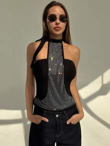Aloruh Women's Fashionable Sexy Rhinestone Backless Halter Top - Black - View 5