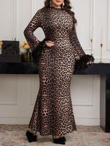 Modelyn Große Größen Damen Leopard Muster Tier Muster Feder Manschetten Kleid mit Fischschwanz-Saum