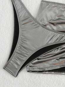 SHEIN X Hangout Fest SHEIN Swim Summer Beach Metallic Halter Triangle Bikini Set With Beach Skirt - Silver - View 5