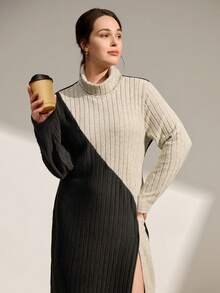 Momelise Plus Size Women High Neck Colorblock Long T-Shirt, Suitable For Outdoor, Home, And Casual Wear, Autumn/Winter - Multicolor - View 6