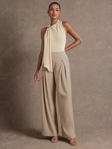 L'Amorae Women's Y2K Metal Decor Ribbon Design Fitted Fashionable Halter Top - Khaki - View 3