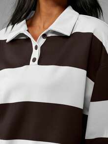 MISSGUIDED Women Striped Rugby Polo Two Piece Matching Outfit Casual Loungewear Coordinates Fall Winter Set - Brown - View 6
