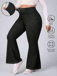 Flexra 大码休闲水洗高腰喇叭牛仔裤 - 黑色 - 查看 1