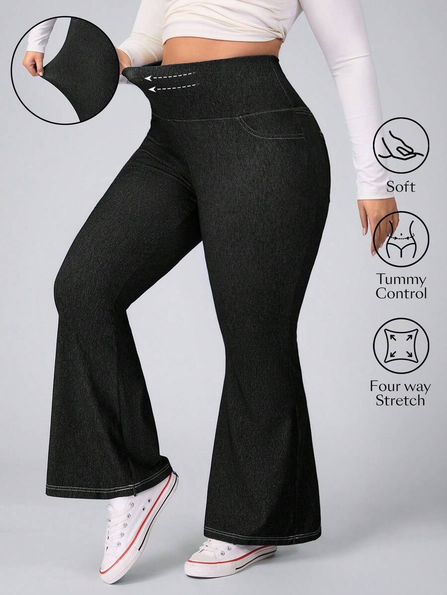 Flexra 大码休闲水洗高腰喇叭牛仔裤 - 黑色 - 查看 1