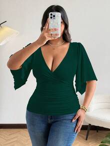 Vionelle Distinctive Sexy Criss-Cross V-Neck Short Sleeve T-Shirt For Women, Summer Design Minimalist Ruched Waist Niche Crop Top Dark Green Top Green Green Top Women Emerald Green Emerald Green Top - Dark Green - View 7