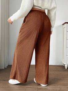 SHEIN EZwear 大码女式锈棕色灯芯绒高腰宽松阔腿裤，带口袋和贴片设计，适合校园、日常穿着和室内工作，秋冬季 - 鏽棕色 - 查看 2