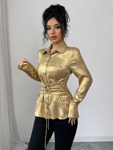 Selianne 女款優雅奢華金色金屬感長袖襯衫，秋季夜生活正式婚禮派對舞會雞尾酒會，領口鈕扣腰部繫帶修身剪裁 - 金色 - 查看 6