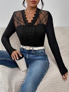 SHEIN Frenchy Women's Lace Patchwork Hollow Out Embroidered Textured Fabric T-Shirt Winter Black Casual Spring - Black - View 5