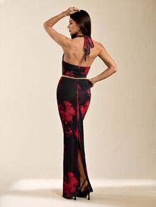 SHEIN Tall Vintage Tie-Dye Floral Draped Neck Camisole And Fitted Mini Skirt 2 Pieces Set - Burgundy - View 2