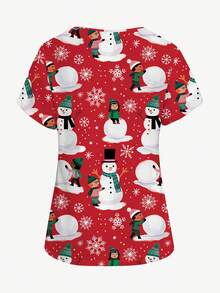 PopScrub Plus Size Women Cute Snowman Cartoon Print V-Neck Short Sleeve Uniform Top - Multicolor - View 2