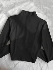 Glimmora 女式黑色天鹅绒薄夹克，秋季休闲街头风格拉链修身长袖夹克 - 黑色 - 查看 2