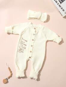 SHEIN 2 pièces Ensemble "Petite Sœur" Tenues de photographie pour nouveau-né fille brodées. Combinaison tricotée avec nœud papillon et bandeau. Tenue boutonnée pour séance photo, tenue de retour à la maison pour bébé