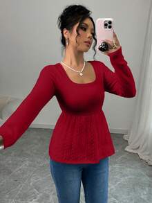 Elenzga Áo len bó eo màu trơn thường ngày, Thu/Đông - Đỏ - Xem 4