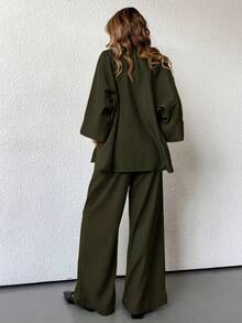 Aveloria Modichic 2 件套女士混纺侧开衩宽松衬衫和高腰阔腿裤优雅商务休闲女装 - 橄欖綠 - 查看 3