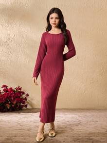 Vestido ajustado de manga larga con lazo decorativo en la espalda, unicolor, para adolescentes - Burdeos - Ver 4
