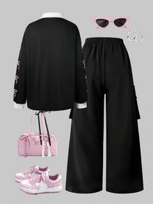 秋冬新款女童休闲时尚日常百搭上衣和工装裤套装，时尚大童女孩服装 - 彩色 - 查看 2