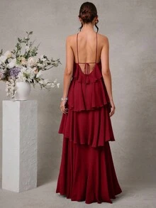 L'Amorae 优雅浪漫婚礼宾客纯色露背分层雪纺长裙 - 酒紅色 - 查看 2