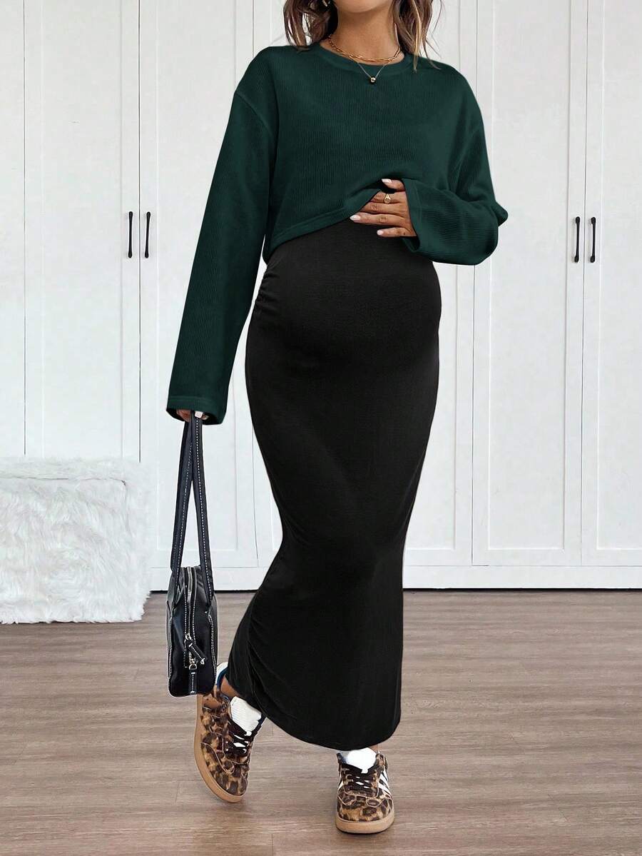 SHEIN Áo tay raglan kết hợp với váy hai dây ôm vừa vặn màu trơn, bộ đồ bà bầu thu đông 2 món - Màu xanh lá cây đậm - Xem 1