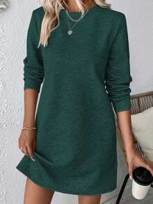 SHEIN LUNE 休闲纯色长袖连衣裙，通勤百搭 - 墨綠色 - 查看 5