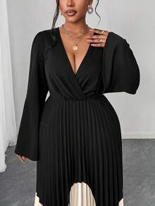 Maweii Elegancka, swobodna, plisowana sukienka maxi dla kobiet w dużych rozmiarach, z dekoltem w serek i długim rękawem, z nadrukiem, jesień/zima