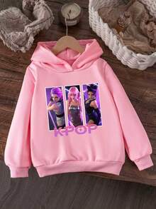 Young Girl Cartoon K-POP Girl Print Hoodie With K-POP Character And Logo, Pink, Suitable For Autumn/Winter Outfits