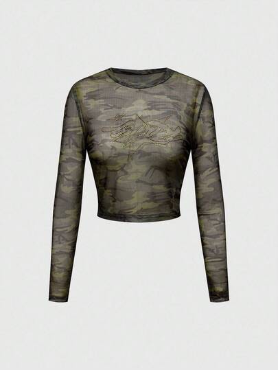 Grunge Punk توب طويل الأكمام مطرز بالشبك بطبعة كاموفلاج فينتاج للنساء، خريفي