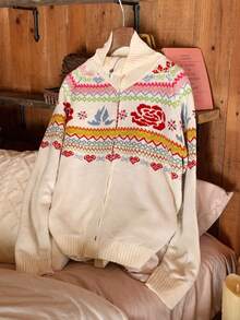 Comfortcana Women's Floral Pattern Raglan Sleeve Zip Front Casual Knit Cardigan, Autumn/Winter Cute Cardigan Winter Sweaters,Christmas Sweater