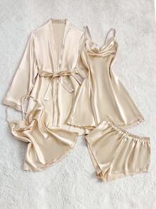 SHEIN SilkySpell Plunging Neck Cami Dress, Camisole Top, Shorts, And Robe Sleepwear Set Satin Sleepwear Set Lingerie Robe Set Lingerie Sleep Set, Fall Winter Clothes