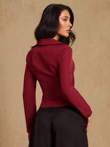 Glamine Áo khoác dài tay cài nút cổ sơ mi thanh lịch, tối giản, hở phía trước, dành cho nữ, áo khoác blazer đỏ, áo khoác đỏ tía, áo khoác đỏ rượu vang, áo khoác đỏ sẫm, áo khoác Giáng sinh cho nữ - Đỏ - Xem 2