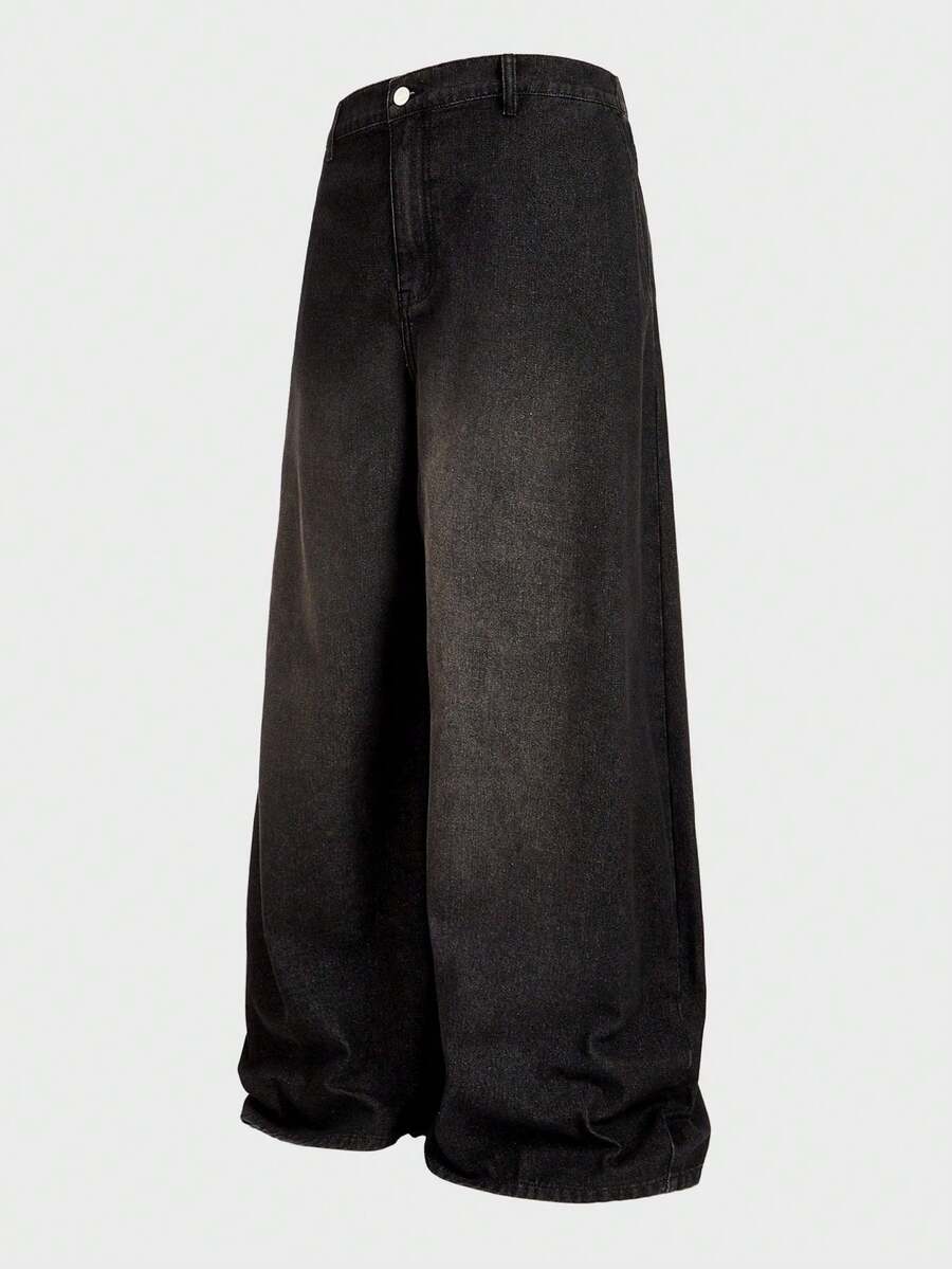 EASEVO 大码男士休闲水洗阔腿牛仔裤，垃圾摇滚风 - 黑色 - 查看 1