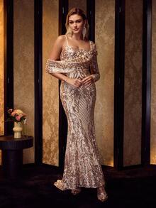 MOTF Soiréza VESTIDO DE NOCHE ELEGANTE CON DISEÑO DE CHAL ASIMÉTRICO BORDADO CON LENTEJUELAS, VESTIDO DE SIRENA PARA FIESTA FORMAL - Champán - Ver 4