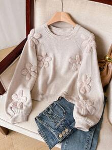 SHEIN Frenchy كنزة صوفية كاجوال نسائية مزينة بزخارف زهرية ثلاثية الأبعاد، خريف/شتاء