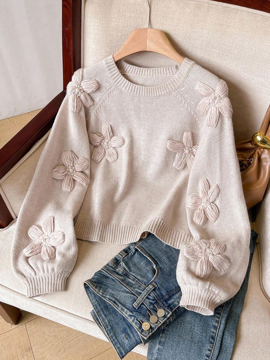 SHEIN Frenchy كنزة صوفية كاجوال نسائية مزينة بزخارف زهرية ثلاثية الأبعاد، خريف/شتاء