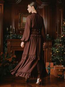 Anewsta 女士春季雪纺婚礼宾客礼服，优雅灯笼袖连衣裙 - 酒紅色 - 查看 2