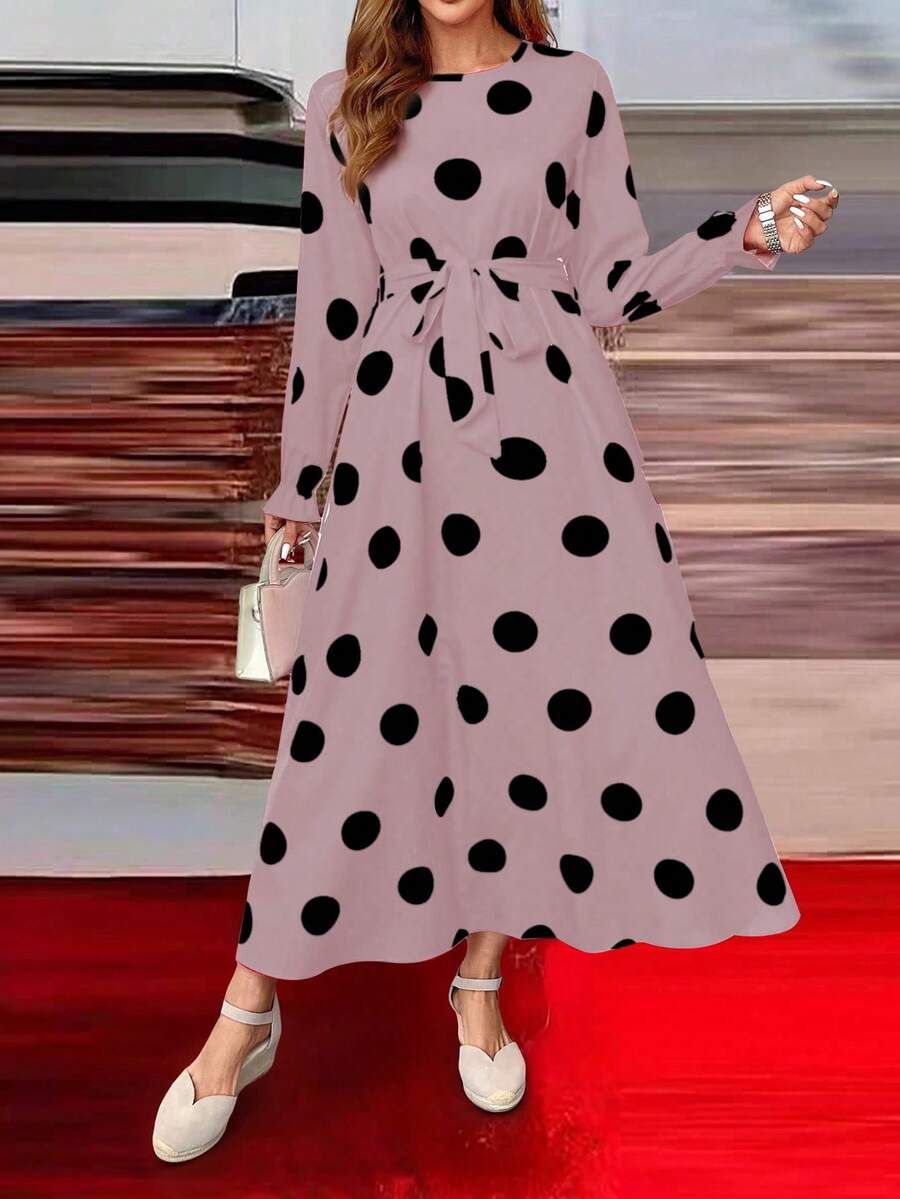 SHEIN PETITE 女式波尔卡圆点印花圆领长袖系带优雅连衣裙 - 彩色 - 查看 1
