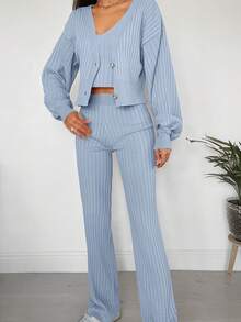 EURMUSE 女式休闲简约纯色针织背心、开衫和裤子三件套，秋冬