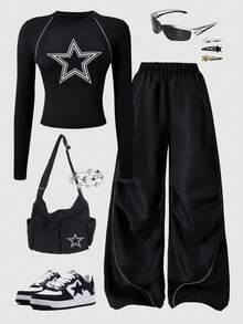 Sparklyn Conjunto de camiseta y pantalones casuales para adolescentes y niñas preadolescentes, con estampado de estrella blanca en el pecho y cordón decorativo blanco, adecuado para caminar, ir de compras, ir a la escuela, se puede combinar con chaqueta o chaleco