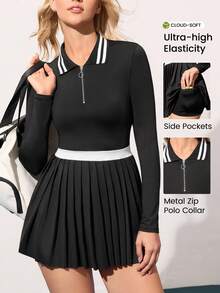 Easithlete 撞色领褶下摆运动连衣裙 - 黑色 - 查看 1