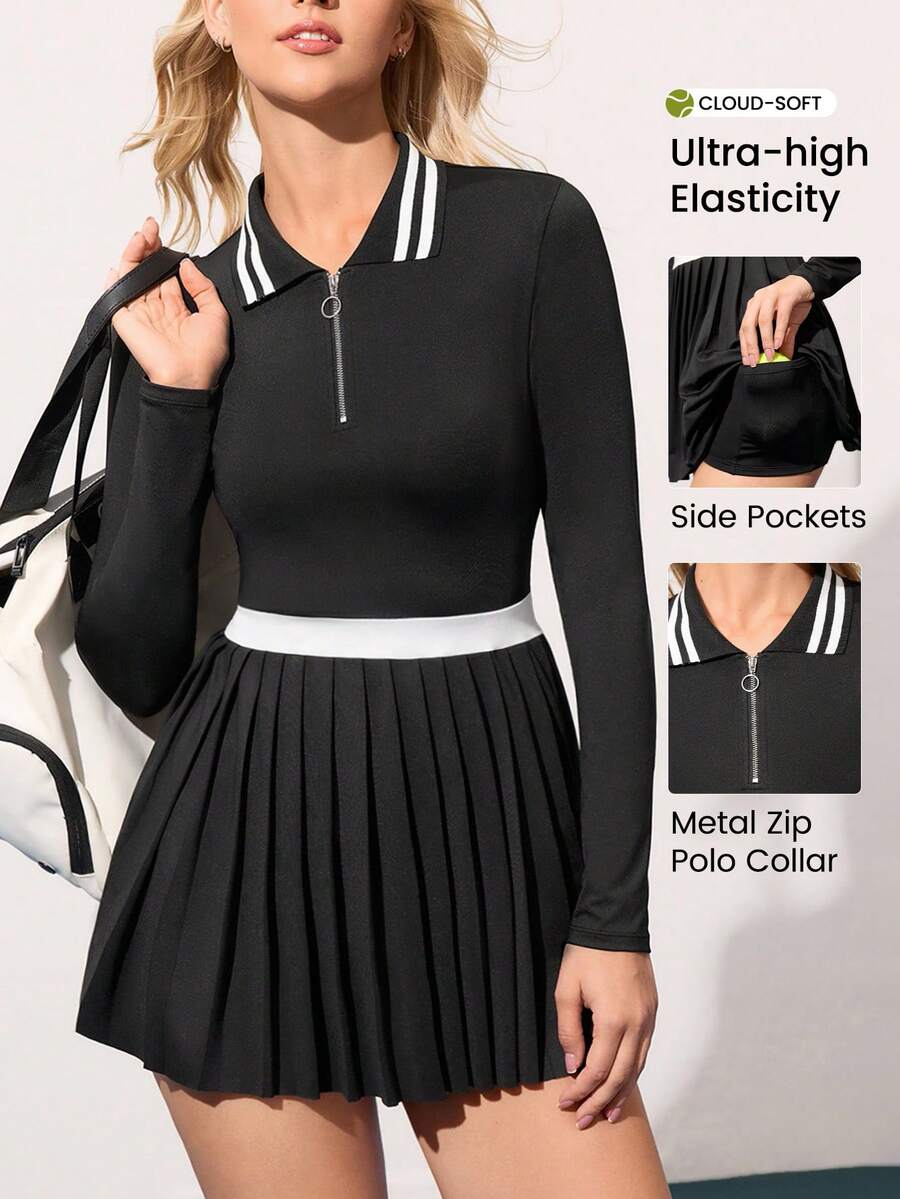 Easithlete 撞色领褶下摆运动连衣裙 - 黑色 - 查看 1