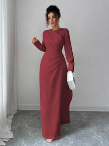 Elenzga Đầm Maxi Tay Dài Cổ Tròn Xếp Ly Eo Cho Nữ, Màu Trơn, Thanh Lịch, Trang Trọng, Công Sở, Đi Làm, Dịp Nghỉ, Tiệc Tùng, Cổ Điển, Phong Cách Trung Đông, Mùa Thu, Màu Vàng Nhạt - Màu Đỏ Sâu - Xem 7