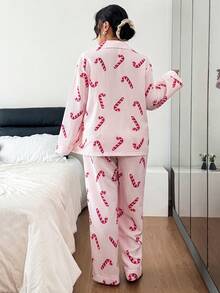 SHEIN Plus Size Women Christmas Candy Cane Striped Lapel Long Sleeve Top & Pants Pajama Set Curve Pajamas Set Pajama Sets For Women Long Sleeve Comfy Pajamas Set Women Pajama, Cozy Outfit, Fall Winter Clothes - Multicolor - View 2