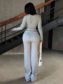 INAWLY Bộ đồ 2 món thường ngày cho nữ, áo thun tay dài cài nút màu trơn và quần cạp rút - Màu Xám nhạt - Xem 5