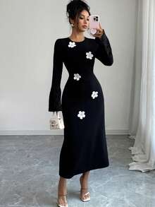 Modelyn Elegant Floral Jacquard Long Sleeve Midi Dress For Women,Daisy Flower Applique Black And White Autumn Dining Dress - Black - View 5