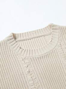 Chillumni Solid Color Casual Crew Neck Sweater For Men, Suitable For Everyday Wear Men Knit Sweater Frayed Knit Sweater Distressed Sweater Waffle Knit Sweater Knitwear Back To School Long Sleeve Knit Sweater Distressed Sweater Men Streetwear Men Cream Sweater , Fall Winter